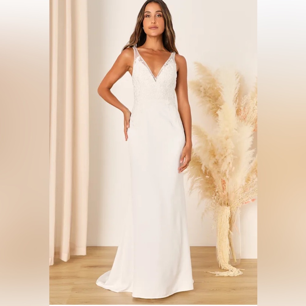 NWT Lulus Precious Promise White Satin Embroidered Lace Mermaid Maxi Dress